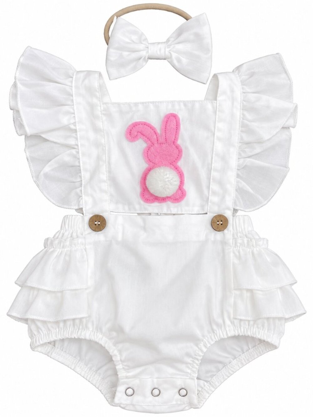 Baby Girl 6-12M Bunny Romper & Bow Headband Easter Ruffle Outfit White Pink